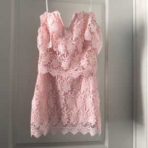 Yumi Kim blush off the shoulder lace dress